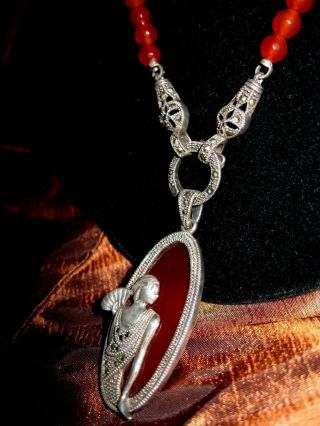 Art Deco Carnelian Bead Marcasite Sterling Silver Oval Flapper Pendant Necklace 8