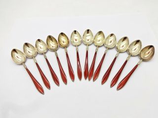 12 Antique C1910 David Andersen Red Enamel Gilt Sterling Silver Coffee Spoons