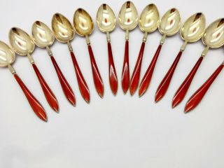 12 ANTIQUE C1910 DAVID ANDERSEN RED ENAMEL GILT STERLING SILVER COFFEE SPOONS 2