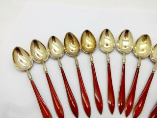 12 ANTIQUE C1910 DAVID ANDERSEN RED ENAMEL GILT STERLING SILVER COFFEE SPOONS 3