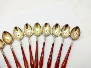 12 ANTIQUE C1910 DAVID ANDERSEN RED ENAMEL GILT STERLING SILVER COFFEE SPOONS 4