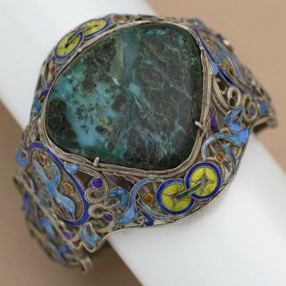 Vtg Chinese Export Sterling Silver Filigree Enamel Large Azurite Wide Bracelet