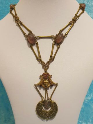 Vintage Art Deco Style Czech Amethyst Glass Scarab Egyptian Revival Necklace