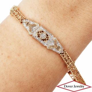 Estate Diamond 14k Yellow Gold Filigree Link Bracelet 8.  3 Grams Nr