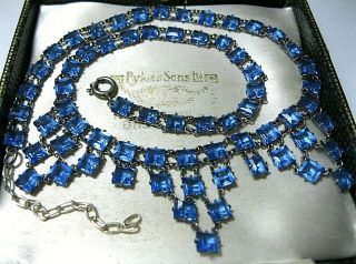 Vintage Antique Fine Art Deco Bezel Open Set Blue Glass Drop Necklace