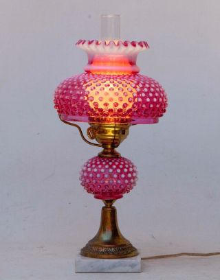 Vintage Fenton Cranberry & Opal Hobnail Lamp