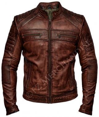 Mens Biker Vintage Antique Brown Cafe Racer Real Leather Jacket - B18