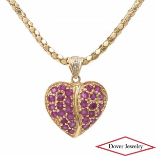 Estate Diamond Ruby 14k Gold Heart Cluster Pendant Chain Necklace 8.  0 Grams Nr