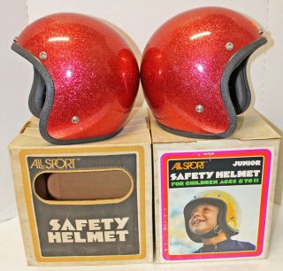 (2) Vintage All Sport Motorcycle Safety Helmet Child Adjustable Red Metal Flake