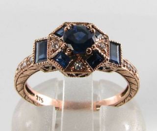 Divine 9ct 9k Rose Gold Sapphire & Diamond Art Deco Ins Ring Resize
