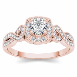 14k Rose Gold 0.  50 Ct Diamond Halo Vintage Engagement Ring Set