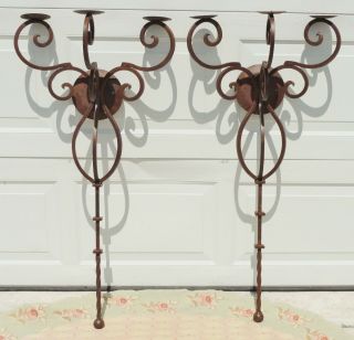 Pair Vintage Huge 43 " Gothic Spanish Revival Wrought Iron Wall Sconce Candelabra