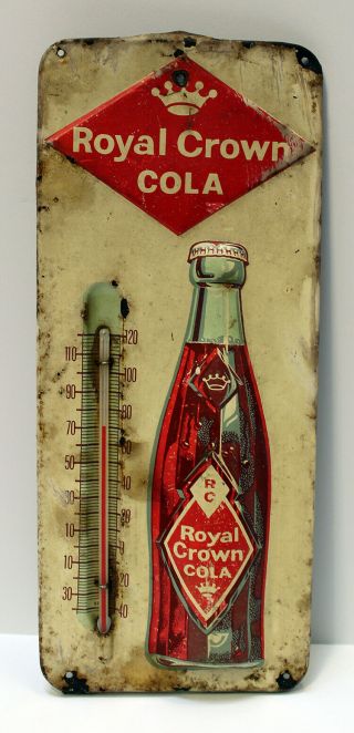 Vintage 1950s Rc Royal Crown Cola Soda Pop Embossed Metal Thermometer Sign