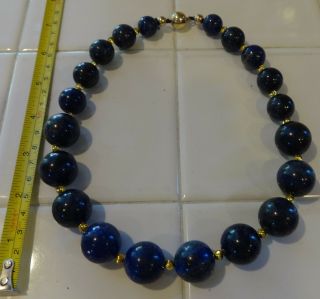 Large Lapis Bead Necklace With 14k Gold Clasp.  (21mm - 14mm Beads)