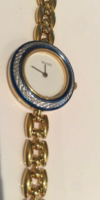 Auth Gucci Logo Vintage Gold Plated Swiss Made Interchangeable Bezel Wrist Watch