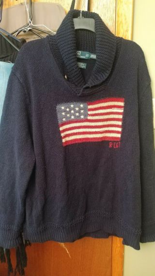 Vintage Sweater Polo Ralph Lauren Shawl Neck Rl67 American Flag Men 3xb