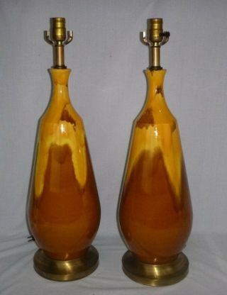 Pr Vtg 1971 Mid Century Modern Haeger Brown Yellow Orange Drip Glaze Lamps