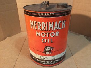 Vintage Merrimack 10 Quart Motor Oil Can Rare Indian Mobil Sinclair Cities