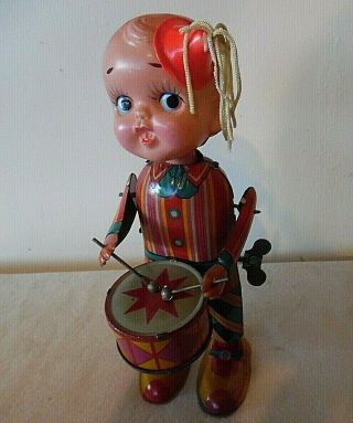 VINTAGE 1940 ' S TIN AND CELLULOID WIND UP BOY PLAYING THE DRUM WITH BOX 2