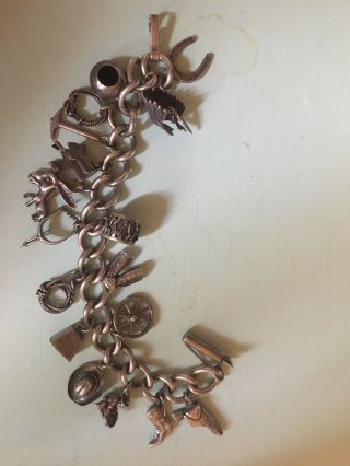 Vintage Sterling Charm Bracelet.  Western Theme 18 Charms