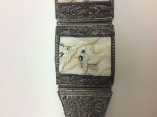 Antique Chinese Silver Filigree 3 Panel Hand Carved Bovine Bone Bracelet