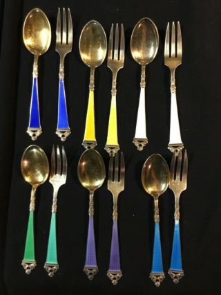 12 Nils Hansen Norway Sterling Enamel Gold Wash Odel Spoons & Forks,  6 Pr.  Set