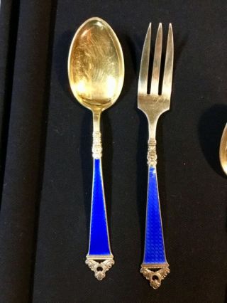 12 Nils Hansen Norway Sterling Enamel Gold Wash ODEL Spoons & Forks,  6 Pr.  Set 2