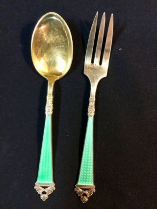 12 Nils Hansen Norway Sterling Enamel Gold Wash ODEL Spoons & Forks,  6 Pr.  Set 4