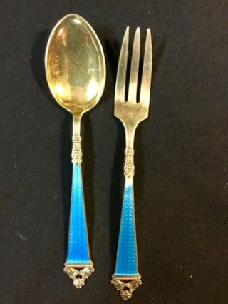 12 Nils Hansen Norway Sterling Enamel Gold Wash ODEL Spoons & Forks,  6 Pr.  Set 7