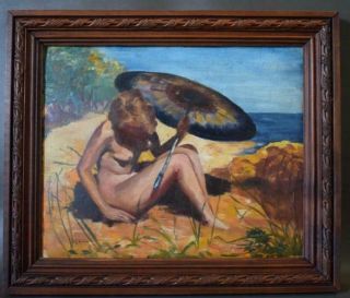 Antique French Impressionist Framed Oil Painting Of A Bathing Nude Beach