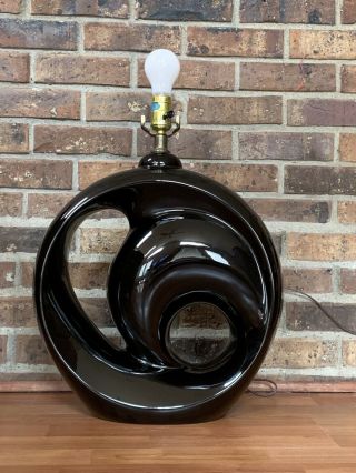 Vtg Mid Century Modern Black Glaze Ceramic Table Lamp Round Sculptural Abstract 2