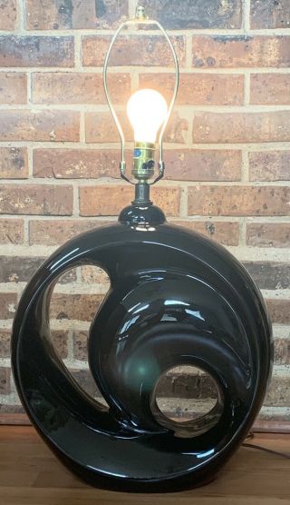 Vtg Mid Century Modern Black Glaze Ceramic Table Lamp Round Sculptural Abstract 3