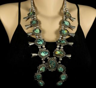 24 " Solid Old Pawn Vintage Navajo Sterling Turquoise Squash Blossom Necklace