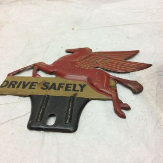 Vtg Mobilgas Pegasus License Plate Topper Tin Sign Drive Safely Mobil Gas Oil 3