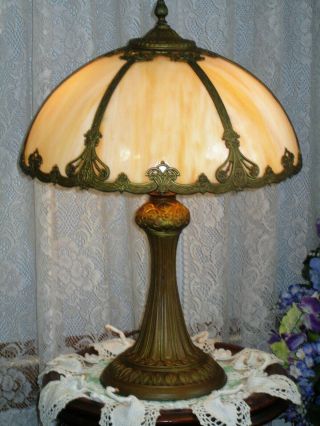 Antique Electric 6 Panel Slag Glass Table Lamp Orginal Finish