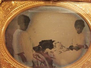 Rare 1/4 Ambrotype 2 African American Children W/ White Child In Cairage.