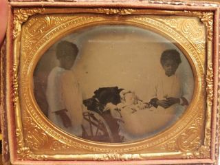 Rare 1/4 Ambrotype 2 African American Children w/ White Child in Cairage. 3