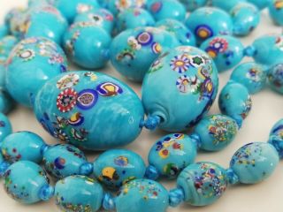 Vintage Old Long Turquoise Blue Millefiori Glass Bead Necklace Fine Canes Murano