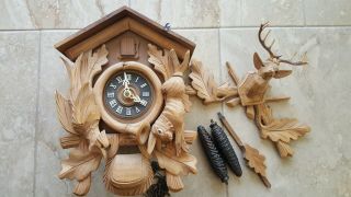 Vintage Black Forest Hunters Cuckoo Clock Large Hand Carved