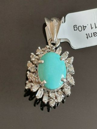 Authentic 18k White Gold Pendant With Diamonds & Turquoise