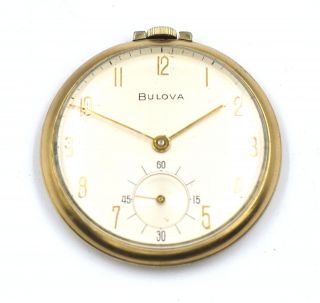 Vintage Bulova Open Face Pocket Watch 17 Jewels Cal 17als Gold Plated C1960 