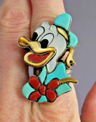 VINTAGE LONG OLD PAWN STERLING ZUNI INLAY GLADYS SMITH DONALD DUCK RING NO.  5/77 10