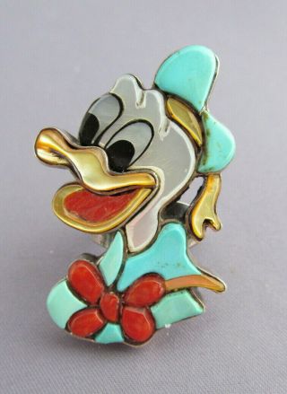 Vintage Long Old Pawn Sterling Zuni Inlay Gladys Smith Donald Duck Ring No.  5/77