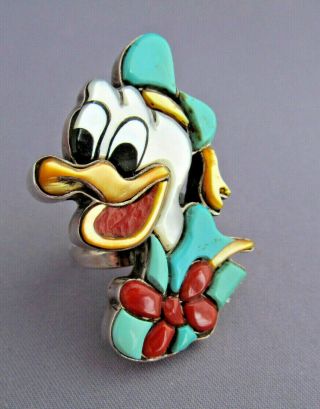 VINTAGE LONG OLD PAWN STERLING ZUNI INLAY GLADYS SMITH DONALD DUCK RING NO.  5/77 2