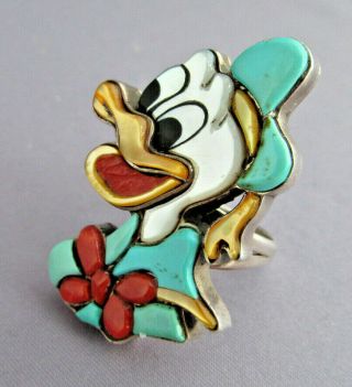 VINTAGE LONG OLD PAWN STERLING ZUNI INLAY GLADYS SMITH DONALD DUCK RING NO.  5/77 3