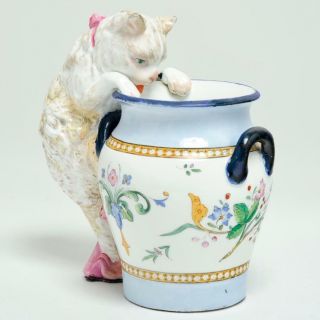 Vintage Poss.  Antique Majolica Cache Pot With Figural Cat