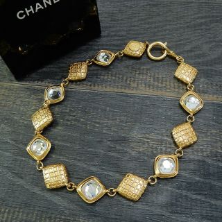 Chanel Gold Plated Cc Rhinestone Vintage Chain Necklace Choker 4468a Rise - On