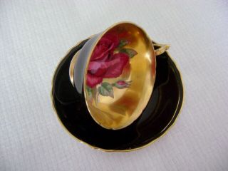Vintage Paragon Dark Pink Cabbage Rose Footed Cup & Saucer Gold Background 2