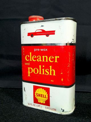 Vintage 1961 - 70 Shell Oil Old Tin Metal Cleaner Polish Can W/ Car Graphic Sign