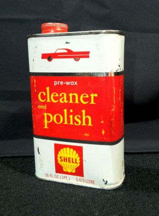 Vintage 1961 - 70 Shell Oil Old Tin Metal Cleaner Polish Can W/ Car Graphic Sign 5